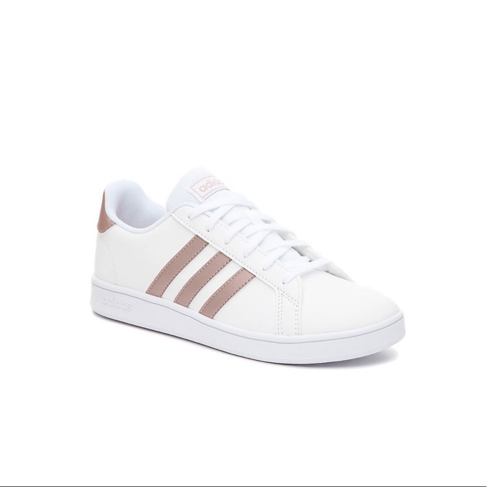 Adidas three stripe rose gold sneakers